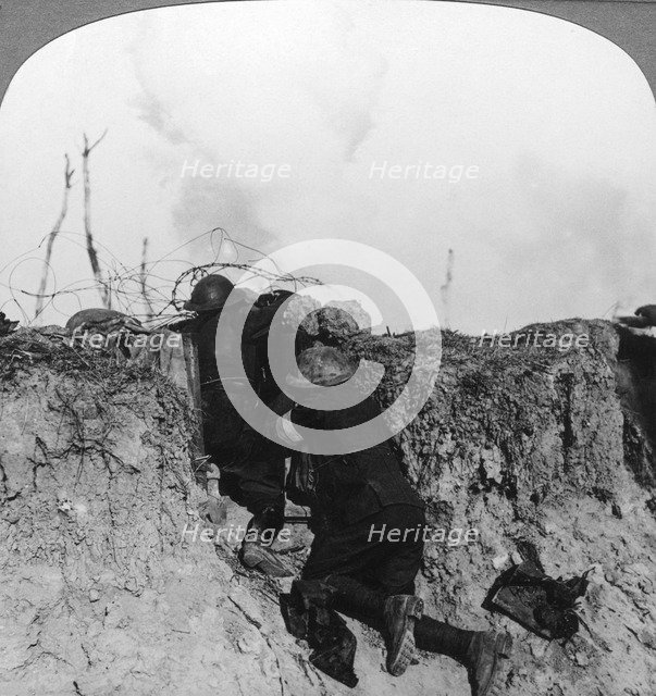 Artillery observation officer in forward post, France, World War I, 1914-1918.Artist: Realistic Travels Publishers