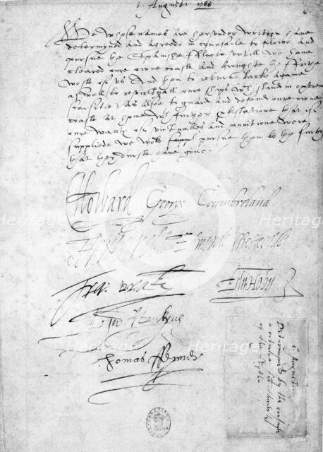 Resolution of the commanders of the British fleet opposing the Armada, 1588. Creator: Unknown.