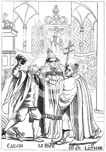 Calvin, Luther and the Pope fighting each other, published 1600. Artist: Unknown