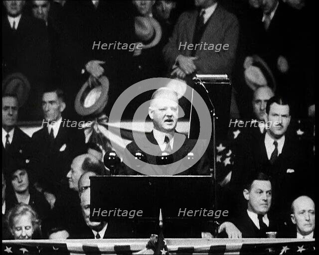 President Herbert Hoover Addressing Masses of His Supporters in a Large Conference Centre, 1932. Creator: British Pathe Ltd.