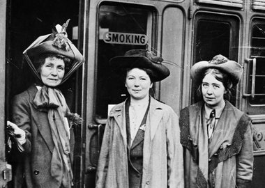 Thumbnail image of Emmeline, Christabel and Sylvia Pankhurst, Waterloo Station, London, 1911. Artist: Unknown