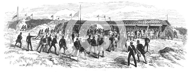 Experiments at Shoeburyness on the Plymouth Breakwater Target: the splinter-proofs, 1868.  Creator: Unknown.