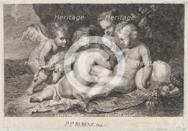 A group of three children and a putto with fruit and a lamb, ca. 1760-1801. Creator: Philippe Lambert Joseph Spruyt.