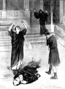 "Julius Caesar," at Her Majesty's Theatre: Mark Antony by the dead body of Caesar, 1898. Creator: Robert Sauber.