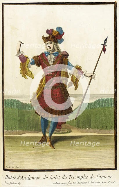 Recueil des modes de la cour de France, 'Habit d'Andimion du Balet du Triomphe de l'Amour',1703-1704 Creators: Jean Berain, Jean Lepautre, Jacques Le Pautre, Jean Doliver.