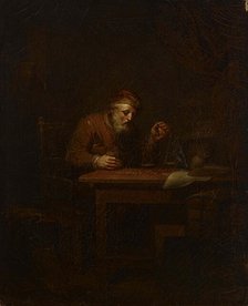 Old man weighing gold coins, 1810. Creator: Alexander Lauréus.