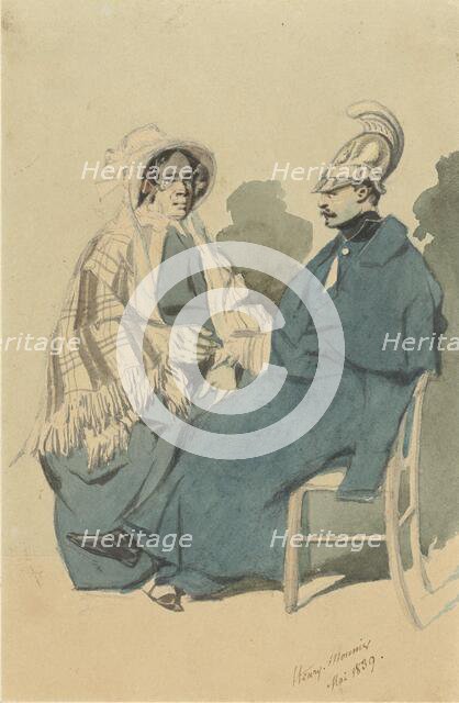 Cuirassier with helmet and blue cloak, sitting next to an old lady in a travelling dress, 1839. Creator: Henry Bonaventure Monnier.