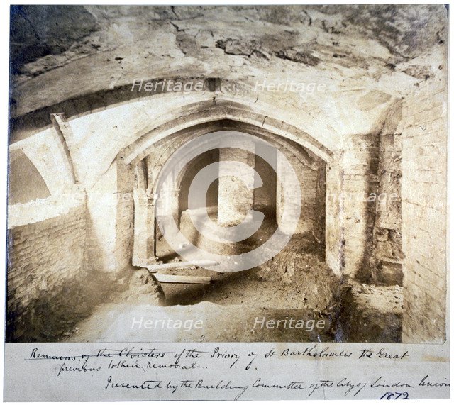 Remains of the cloisters of St Bartholomew-the-Great prior to their removal, City of London, 1872. Artist: Anon