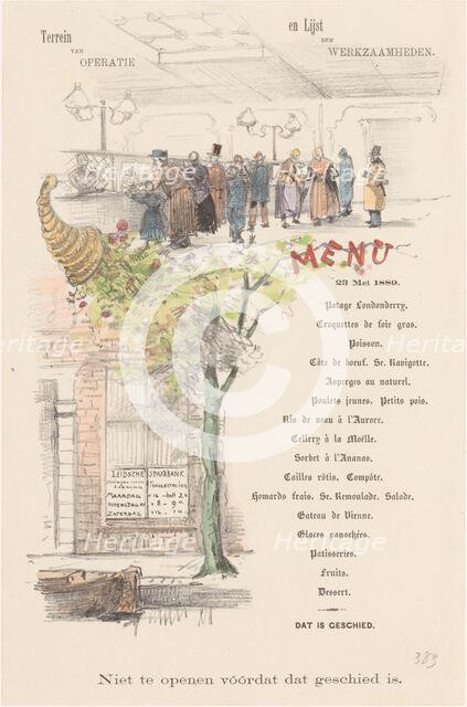 Menu card for the Leidsche Spaarbank, 1889 or earlier.  Creator: Theo van Hoytema.