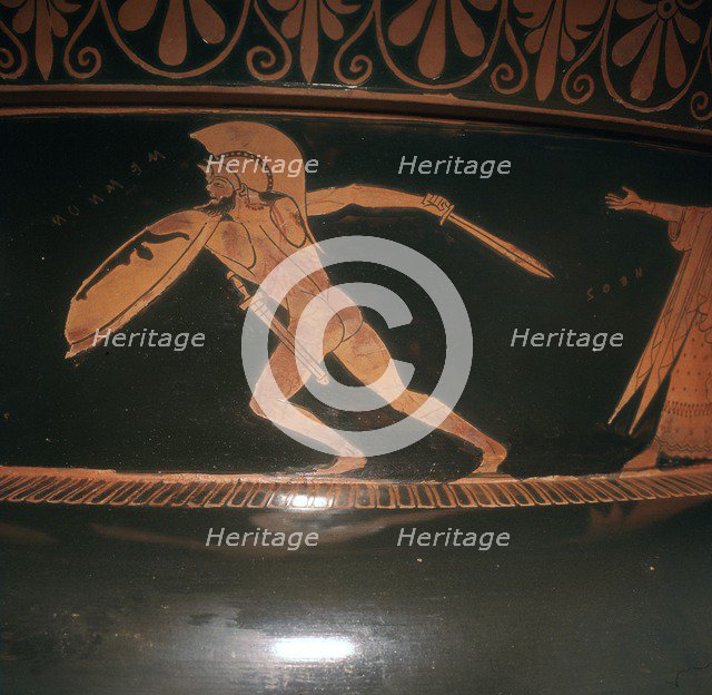 Greek vase showing Memnon fighting Achilles. Artist: Unknown