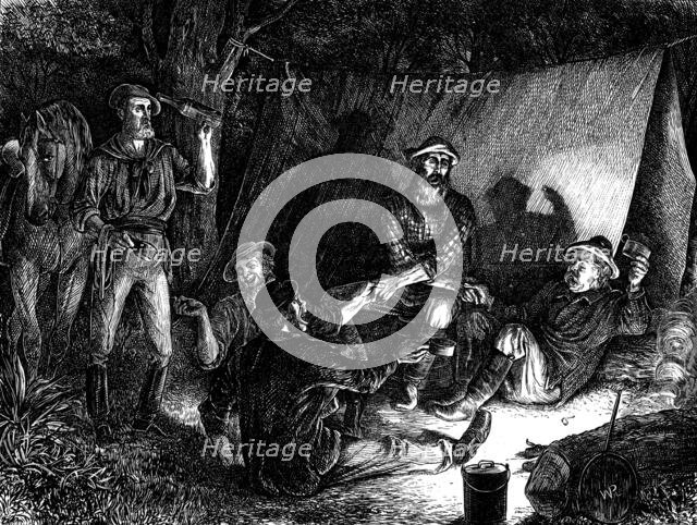 Australian diggers keeping Christmas Eve - "Auld Lang Syne"; drawn by W. Ralston, 1873. Creator: Joseph Swain.
