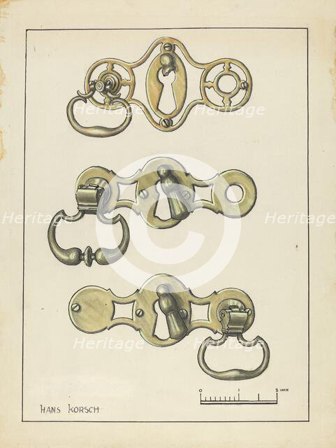 Three Door Handles, 1935/1942. Creator: Hans Korsch.