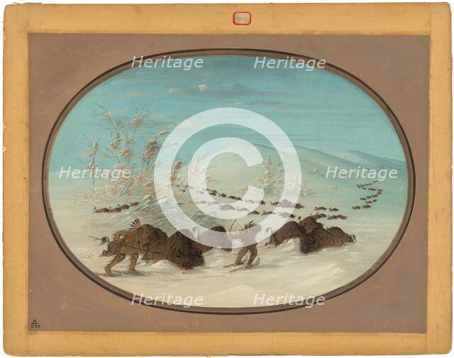 Buffalo Chase in the Snow Drifts - Ojibbeway, 1861/1869. Creator: George Catlin.