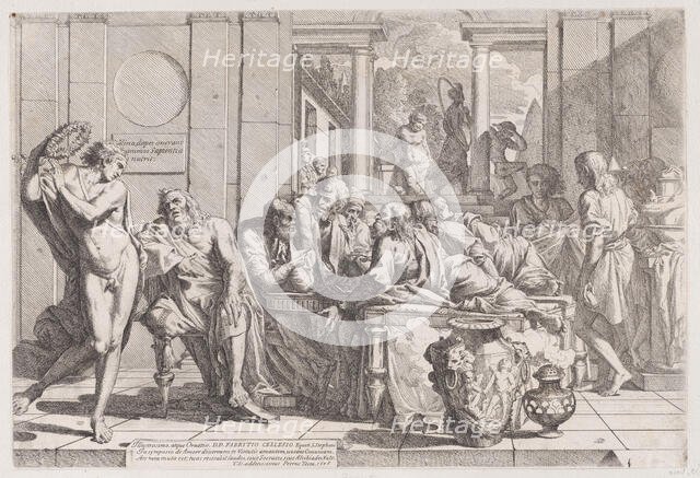 Plato's symposium: Socrates and his companions seated around a table discussing ideal love..., 1648. Creator: Pietro Testa.