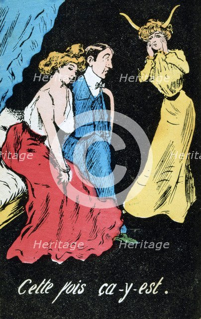 French adultery caricature postcard, c1900. Artist: Unknown