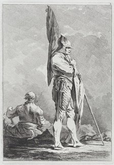 Two Soldiers, One Standing Holding a Flag, One Seated Seen from Behind, 1764. Creator: Matthias Pfenninger.