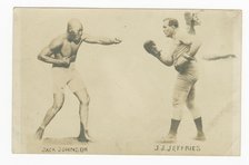 Photographic postcard with photos of Jack Johnson and James J. Jeffries, 1910. Creator: Unknown.