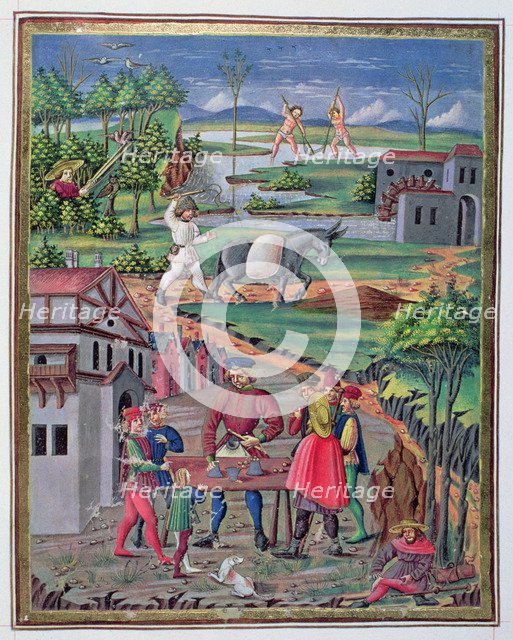 Country Life and hand games, Illustration in 'De Sphera', illuminated manuscript, 15th century.