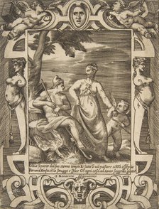 Jupiter at left in the form of a shepherd accompanied by Mnemosyne, set within an elabo..., 1531-76. Creator: Giulio Bonasone.