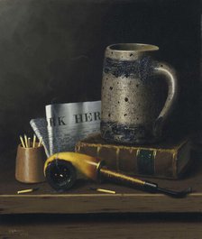 Still Life with New York Herald, Beer Stein and Pipe, 1879. Creator: Harnett, William Michael (1848-1892).