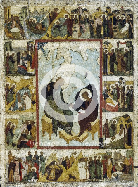 Saint John the Evangelist on Patmos with Scenes from His Life, early 16th century. Creator: Russian icon.