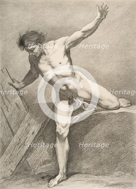 An "Académie": Striding Man Leaning on a Plank, 1742-43. Creator: Carle van Loo.