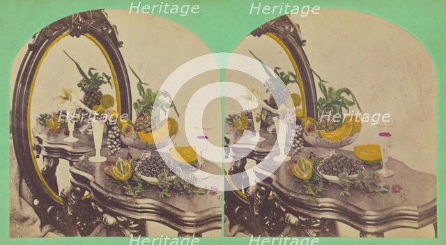 Still life of fruits on a table with mirror, about 1865. Creator: Unknown.