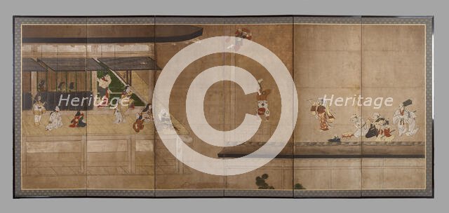 Six-fold screen depicting acrobats performing before a rich household, early - mid-17th century. Creator: Unknown.