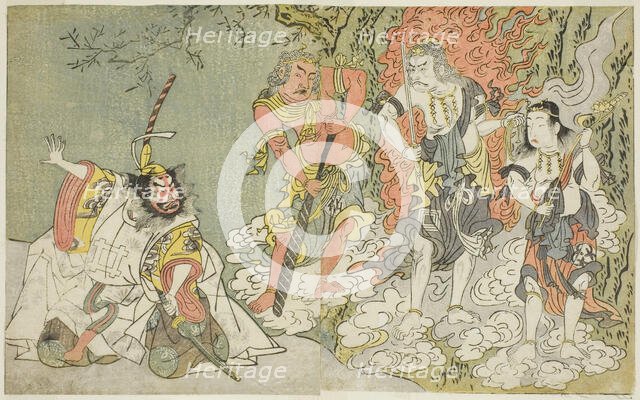 The Actors Sawamura Kijuro I as Ikazuchi Shinno, Prince of Thunder (far left), Ichik..., c. 1771/72. Creator: Shunsho.