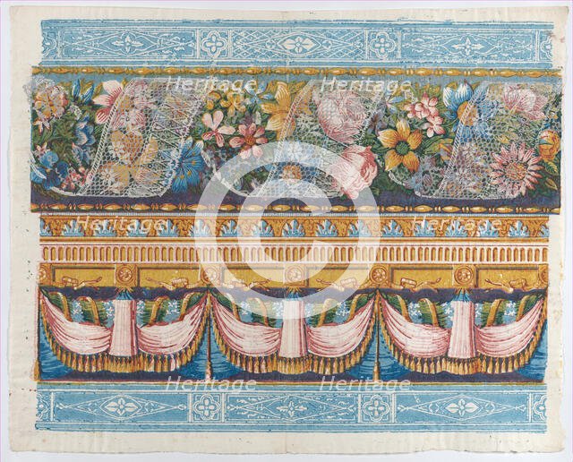 Sheet with lace atop a floral garland with drapery below, late 18th-..., late 18th-mid-19th century. Creator: Anon.