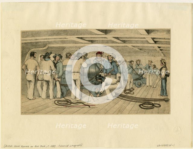 British naval gunners on gun deck, c. 1850. Artist: Anonymous  