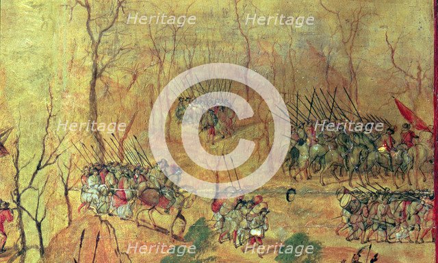  'The Spanish to land them in snow on the road', conquest of Mexico, detail of a Painting. of 169…