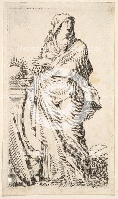Robed woman standing next to a plinth, her right hand bears a palm branch, a harp r..., ca. 1620-88. Creator: Claude Mellan.