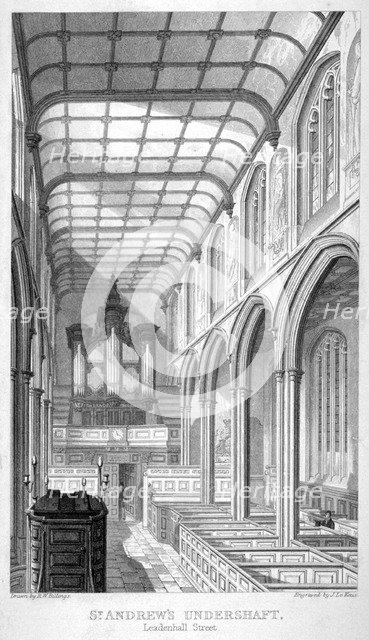 Church of St Andrew Undershaft, Leadenhall Street, London, c1837. Artist: John Le Keux