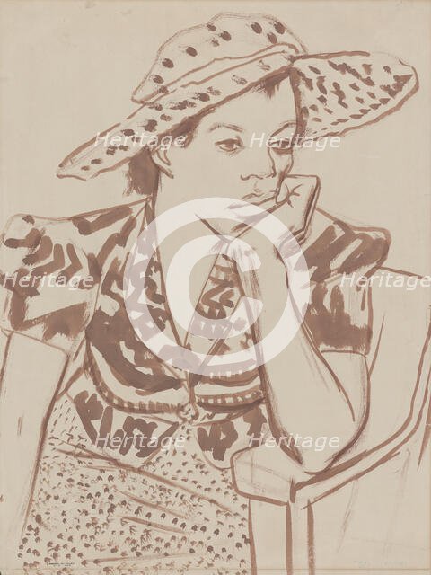 Seated woman with hat at Studio, ca.1935-1943. Creator: Blanche Grambs.