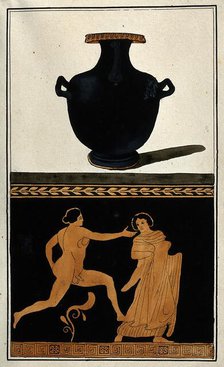 Above, a black Greek water-jug (hydria); below, detail of decoration showing a naked..., 1760-69. Creator: Augustin Dahlsteen.