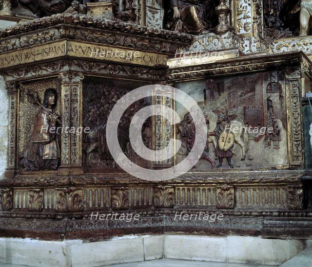 Detail of the predella of the Altar of the Royal Chapel of Granada with the reliefs of the conque…