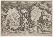 A giant heaving a boulder at center, other giants to left and right struggling and rec..., ca. 1680. Creator: Pietro Santi Bartoli.