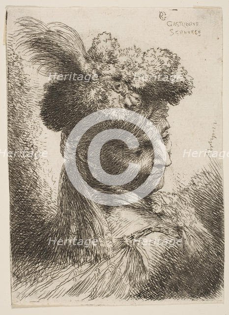 Young man facing three quaters right wearing a fur headdress with a plume, jewel ..., ca. 1645-1650. Creator: Giovanni Benedetto Castiglione.