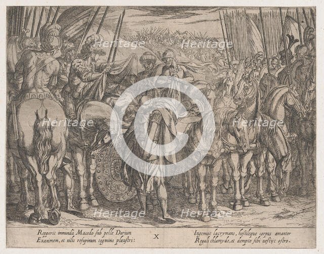 Plate 10: Alexander Finding the Body of Darius, from The Deeds of Alexander the Great,, 1608. Creator: Antonio Tempesta.