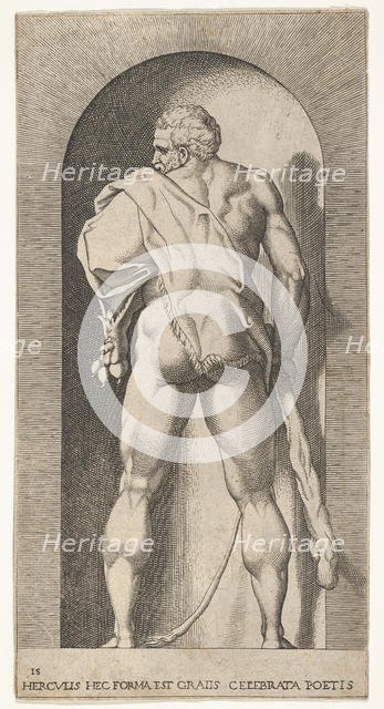 Plate 15: Hercules standing in a niche, wearing a lion skin and holding a club, viewed fro..., 1526. Creator: Giovanni Jacopo Caraglio.