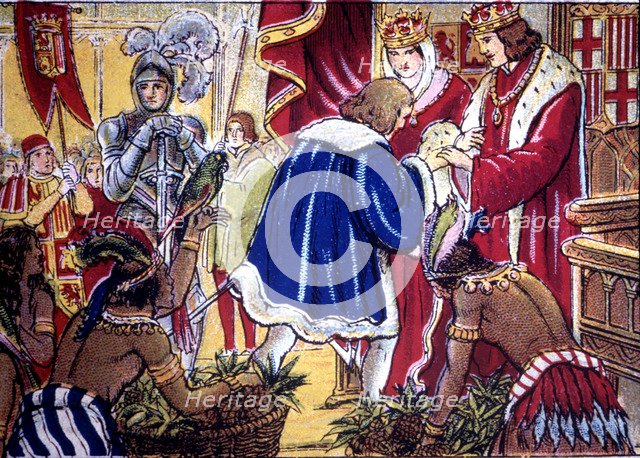 Discovery of America, Christopher Columbus in Barcelona is received by the Catholic Monarchs on A…