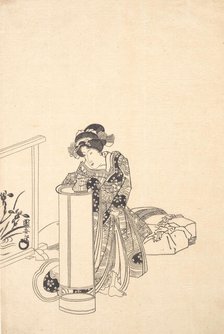 Young Woman Leaning over a Tall Lamp. Creator: Utagawa Kuniyasu.