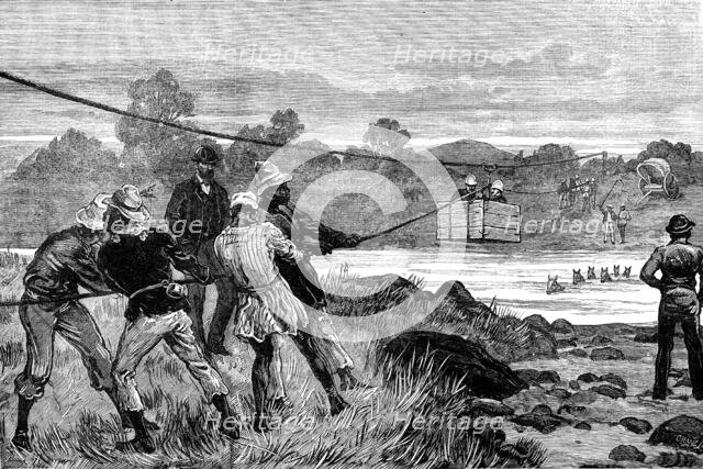 The Transvaal War: difficulties of travelling in South Africa: officers crossing the Ingagani, 1881. Creator: Crane.