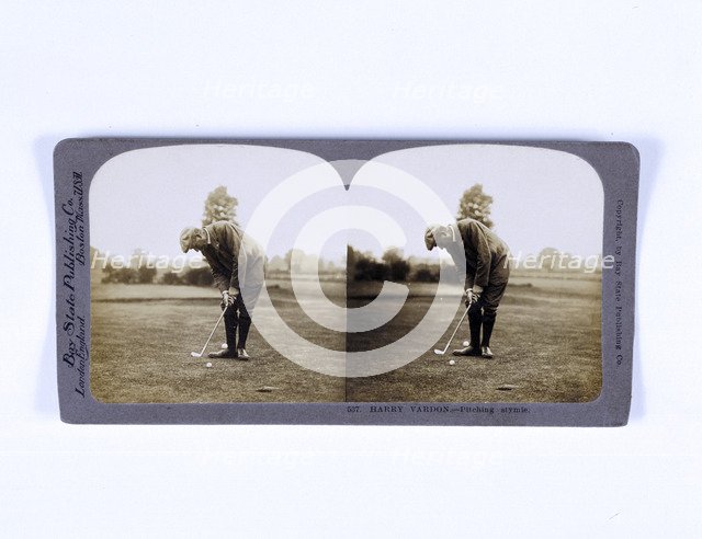 Stereoscopic card showing Harry Vardon pitching his ball over his opponent's, c1900. Artist: Unknown