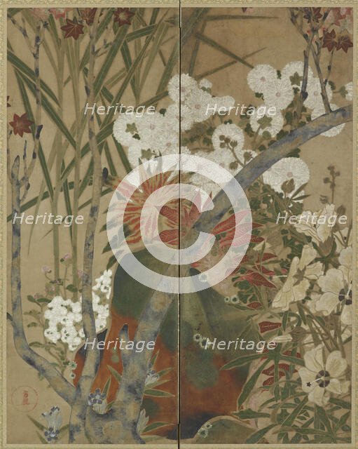 Rock, saplings and autumn flowers, Edo period, 18th century. Creator: Unknown.