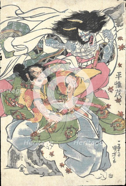 Taira Koremochi fighting the demon Kijo among falling maple leaves, c. 1830. Creator: Kuniyoshi, Utagawa (1797-1861).