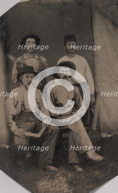 Four Workmen Holding Different Tools: Square, Hatchet, Wood Plane, and Trowel, 1860s-70s. Creator: Unknown.