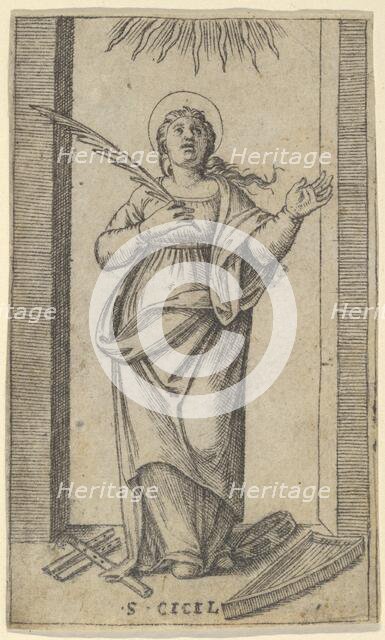 Saint Cecilia standing holding a palm of martyrdom in her right hand, from the se..., ca. 1500-1527. Creator: Marcantonio Raimondi.