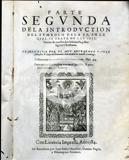 Introduction of the 'Symbol of faith', cover of the second part of the work by Fray Luis de Grana…
